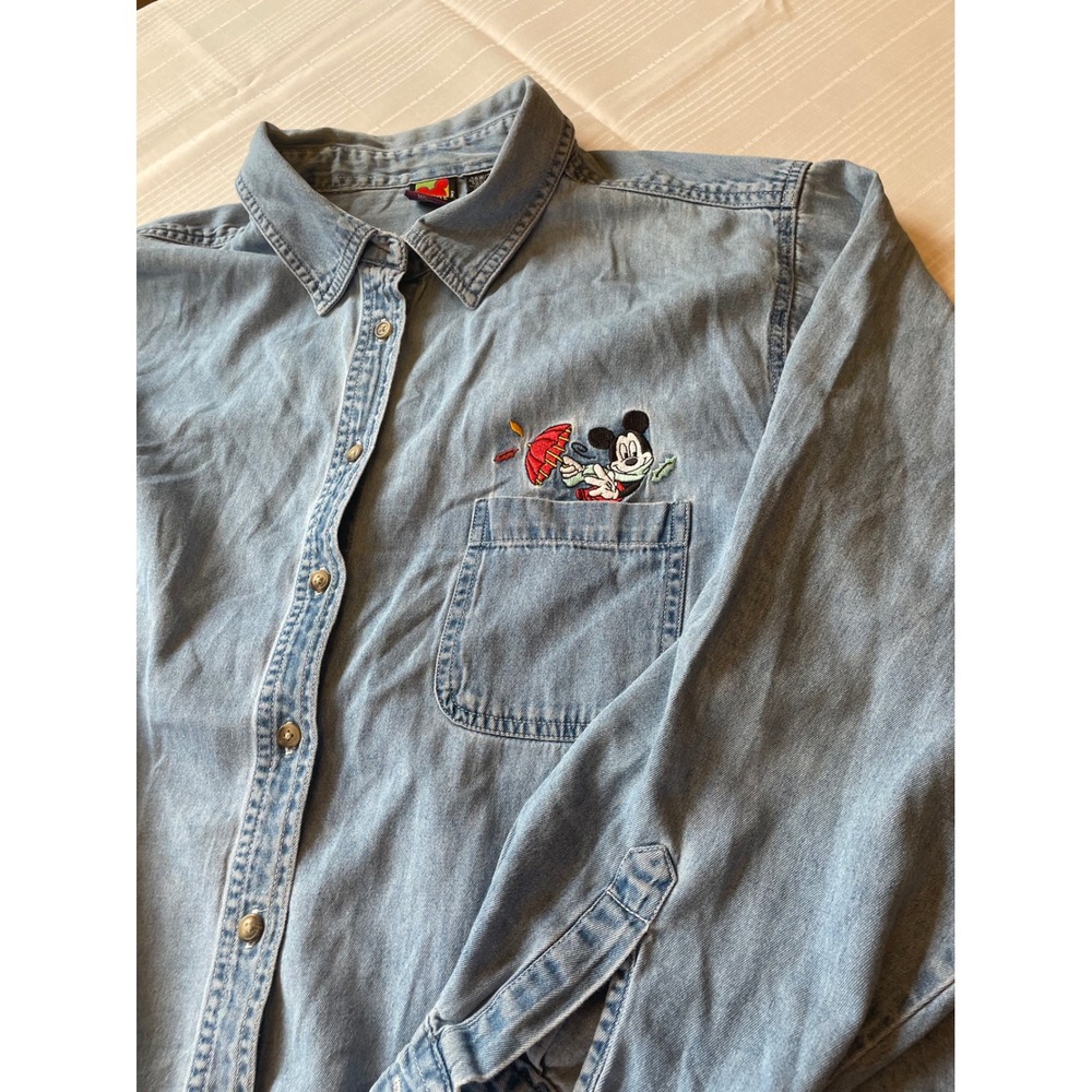 Disney Mickey Mouse Denim Shirt Embroidered Button Down Long‎ Sleeve
